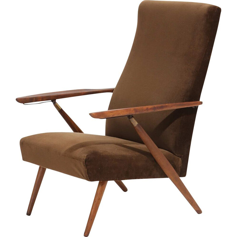 Fauteuil vintage en velours marron avec structure en hêtre teinté