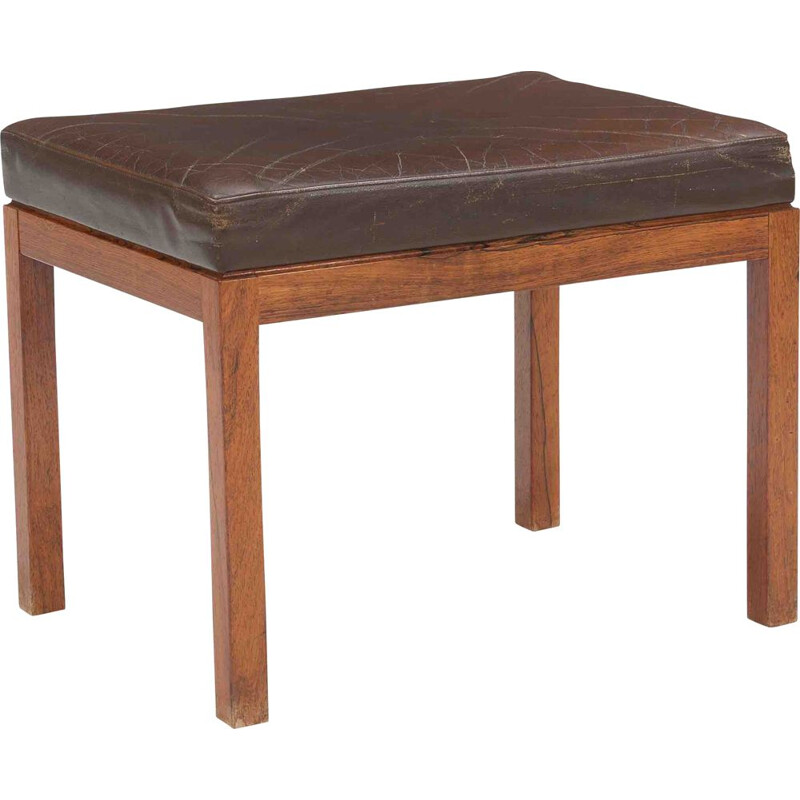 Vintage stool with rosewood frame and brown leather seat