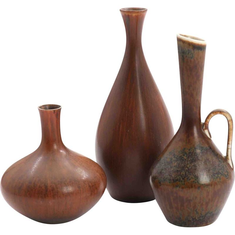Set of 3 stoneware vases with brownish glaze decoration by Carl-Harry Stalhane