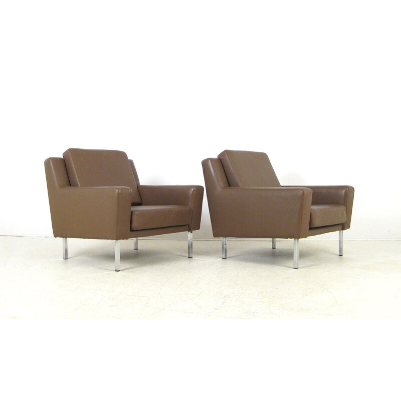 Pair of vintage brown leather armchairs 1950's design