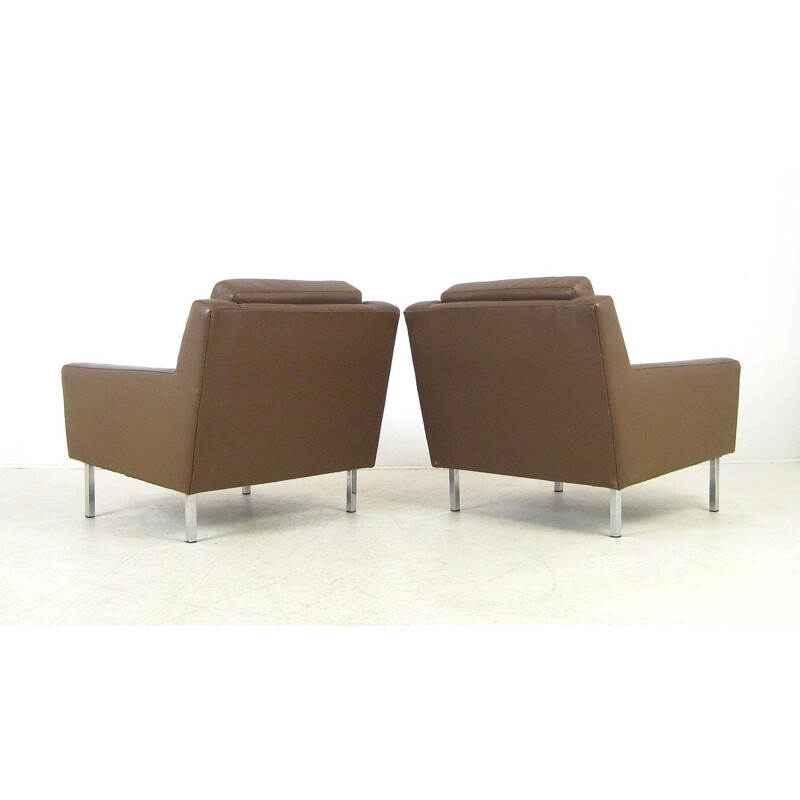 Pair of vintage brown leather armchairs 1950's design