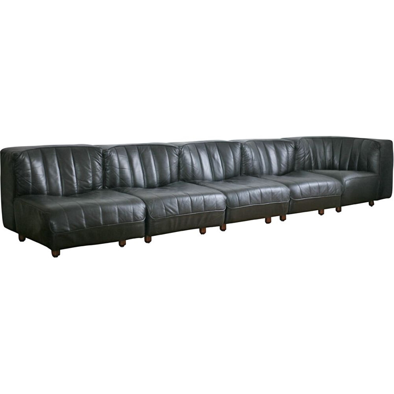 Vintage modular black leather sofa Arflex by Tito Agnoli