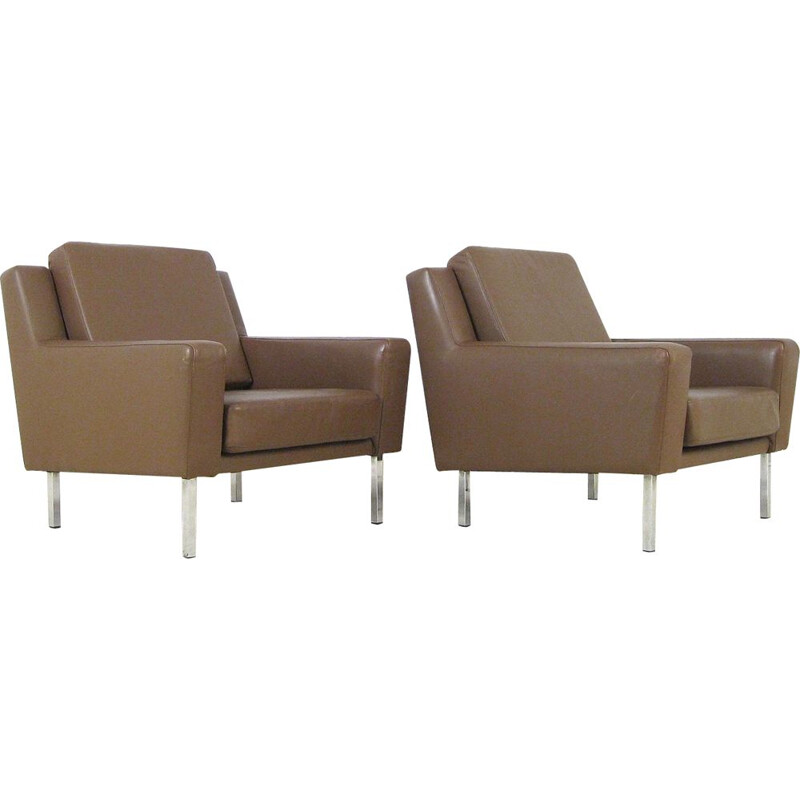 Pair of vintage brown leather armchairs 1950's design