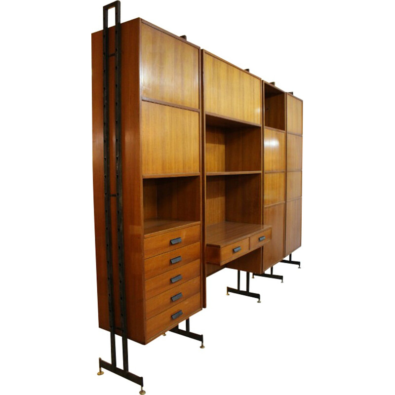 Italian double side wall system in wood and brass - 1950s