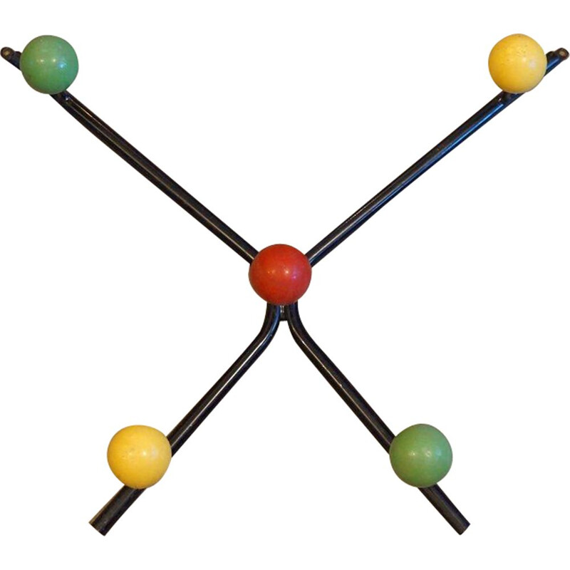 Vintage wall coat rack in lacquered metal and wood, 1950