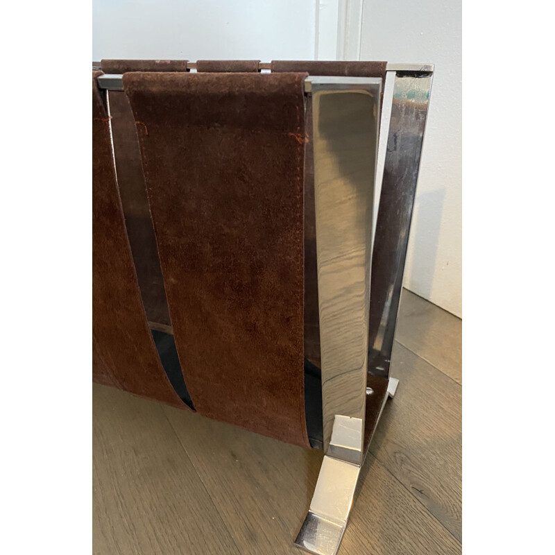 Vintage metal and leather magazine rack, 1970s