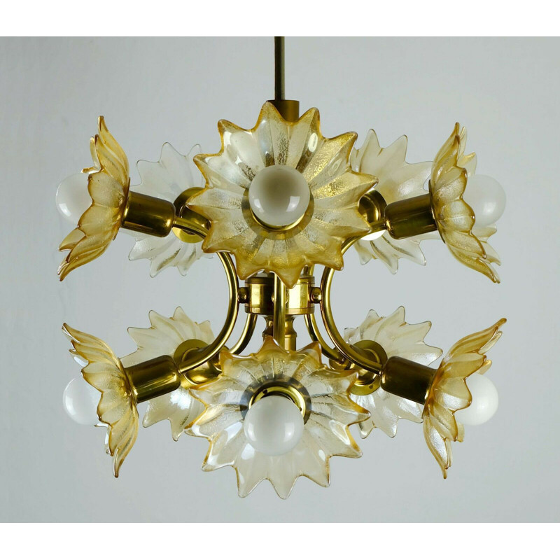 Vintage brass and glass flowers chandelier, 1970s