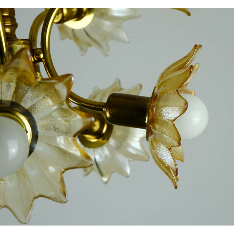 Vintage brass and glass flowers chandelier, 1970s