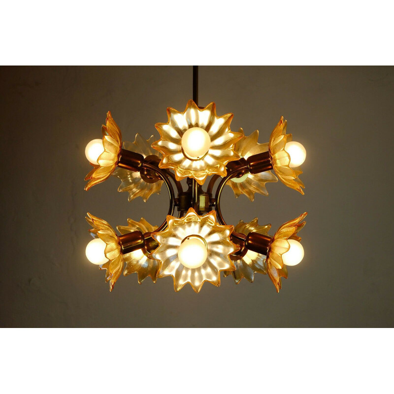 Vintage brass and glass flowers chandelier, 1970s