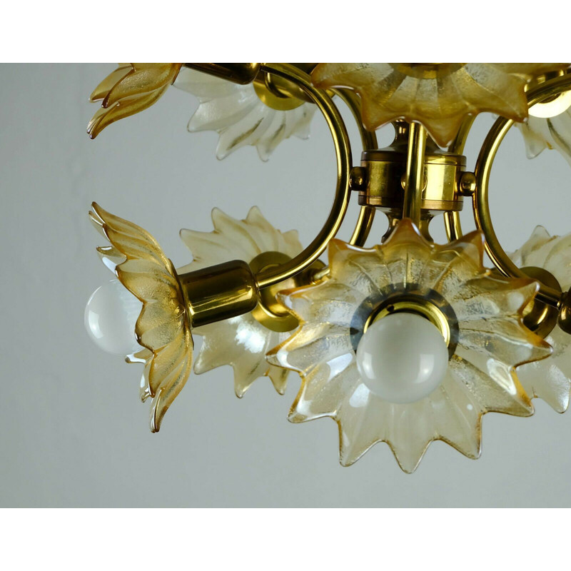 Vintage brass and glass flowers chandelier, 1970s