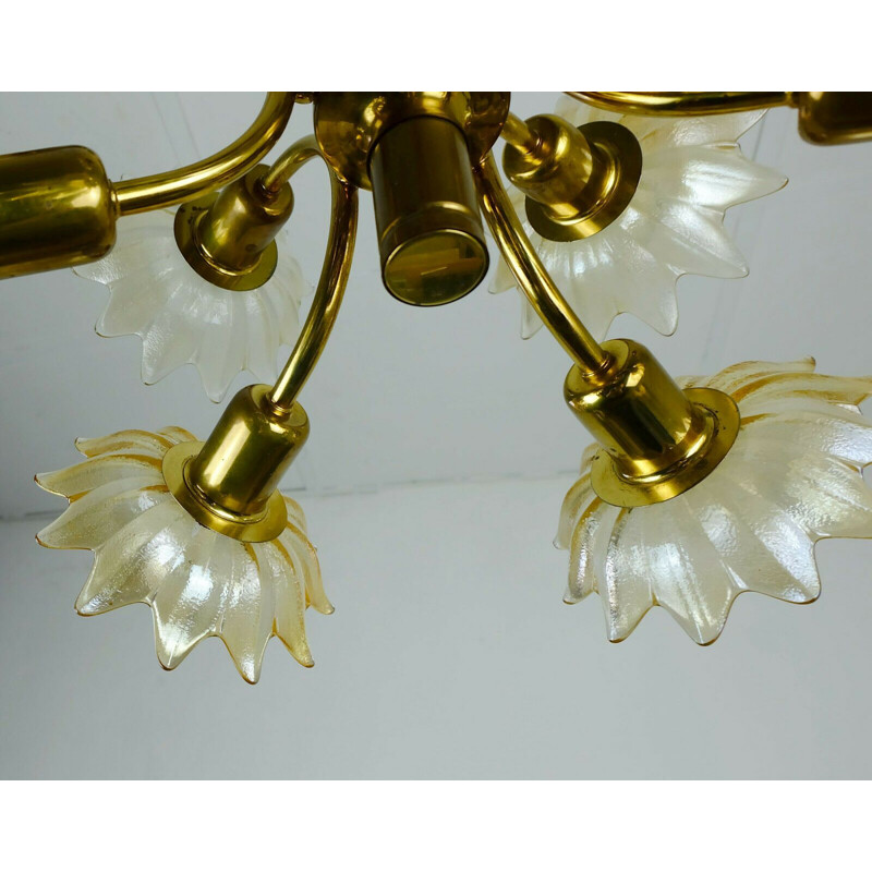 Vintage brass and glass flowers chandelier, 1970s