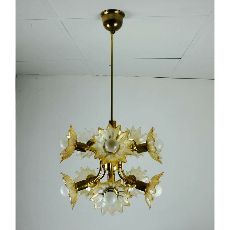 Vintage brass and glass flowers chandelier, 1970s