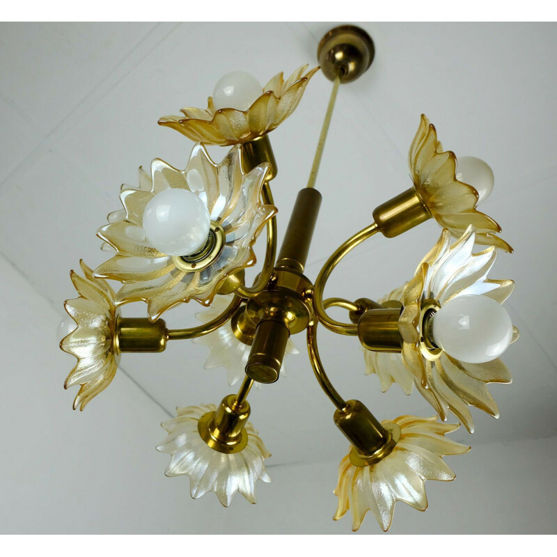 Vintage brass and glass flowers chandelier, 1970s