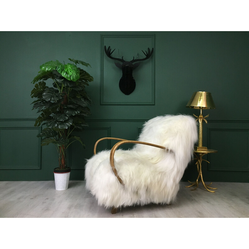 Vintage Art Deco White Sheepskin and wood Armchair by Jindrich Halabala, 1930s