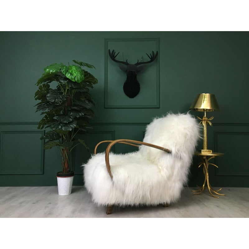 Vintage Art Deco White Sheepskin and wood Armchair by Jindrich Halabala, 1930s