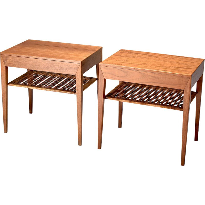 Pair of teak and rattan bedside tables by Severin Hansen