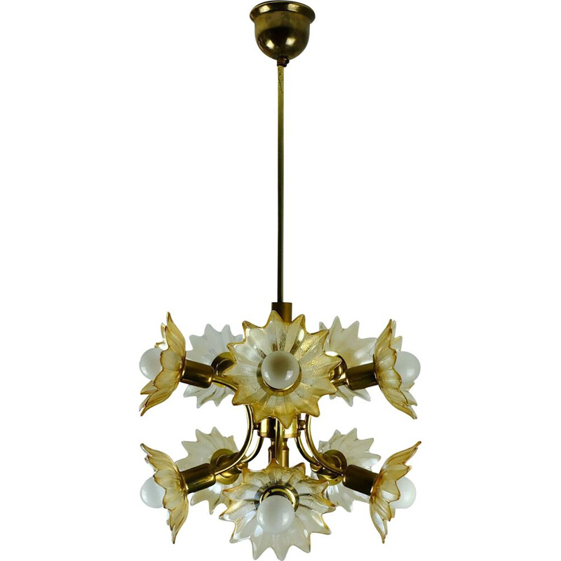 Vintage brass and glass flowers chandelier, 1970s