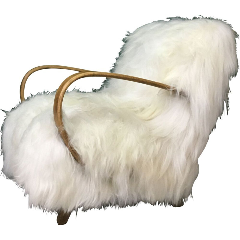 Vintage Art Deco White Sheepskin and wood Armchair by Jindrich Halabala, 1930s