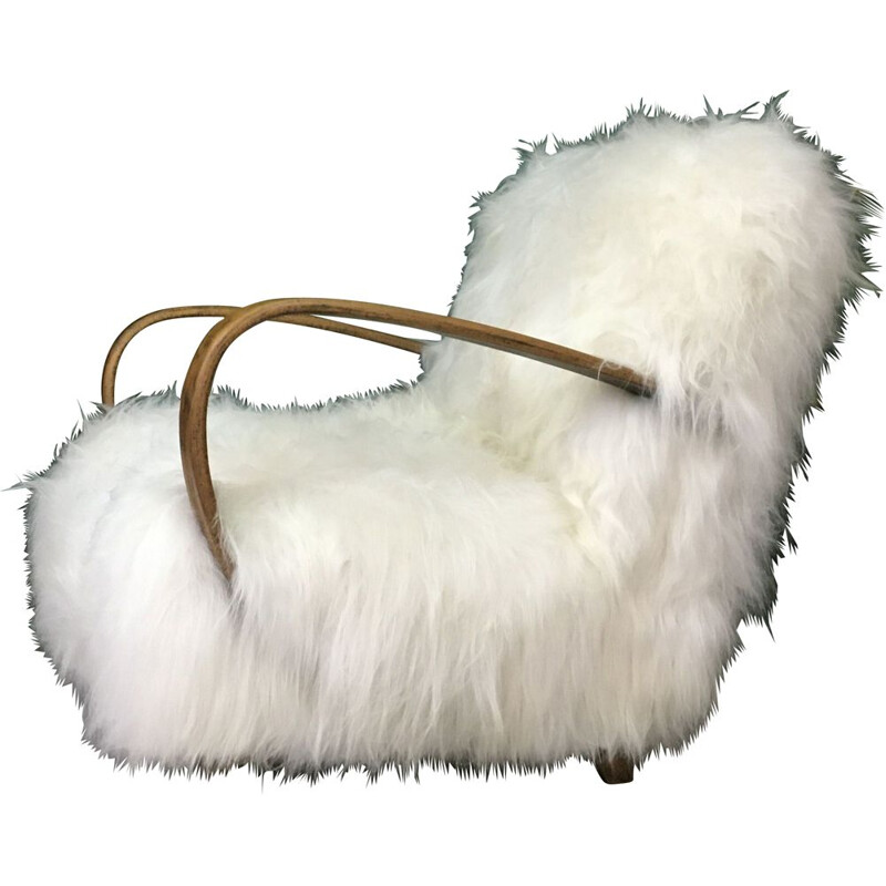 Vintage Art Deco White Sheepskin and wood Armchair by Jindrich Halabala, 1930s