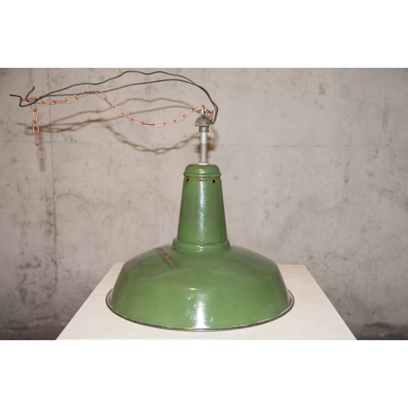 Vintage industrial green suspension lamp, 1950s