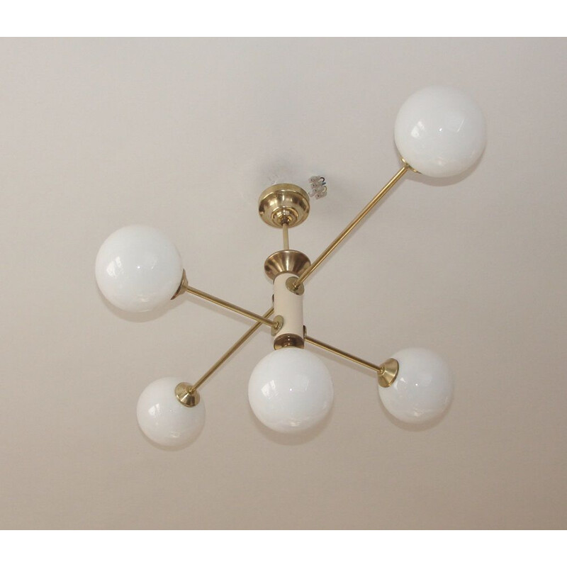 Vintage brass, metal and glass chandelier by Żyrandol Modern, 1960s