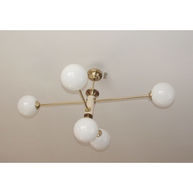 Vintage brass, metal and glass chandelier by Żyrandol Modern, 1960s