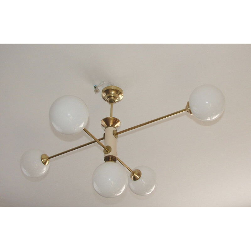 Vintage brass, metal and glass chandelier by Żyrandol Modern, 1960s