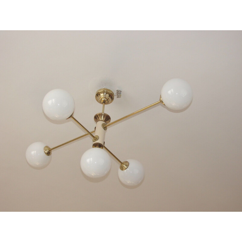 Vintage brass, metal and glass chandelier by Żyrandol Modern, 1960s