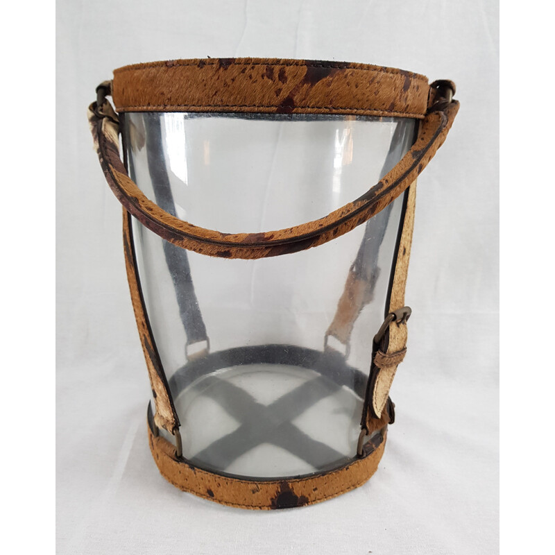 Vintage glass, leather and brass champagne bucket by Poulain Piqué Sellier, 1930