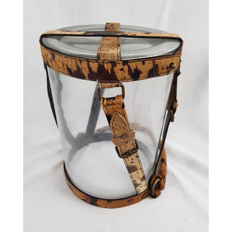 Vintage glass, leather and brass champagne bucket by Poulain Piqué Sellier, 1930