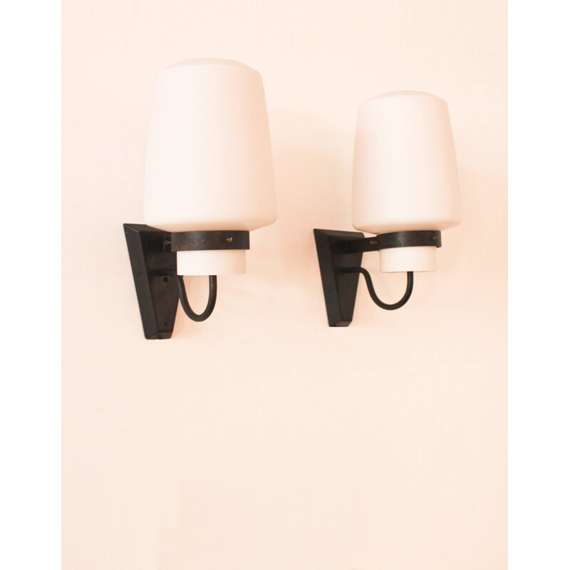 VVF pair of wall lamp in opaline and metal, Georges CANDILIS - 1960s