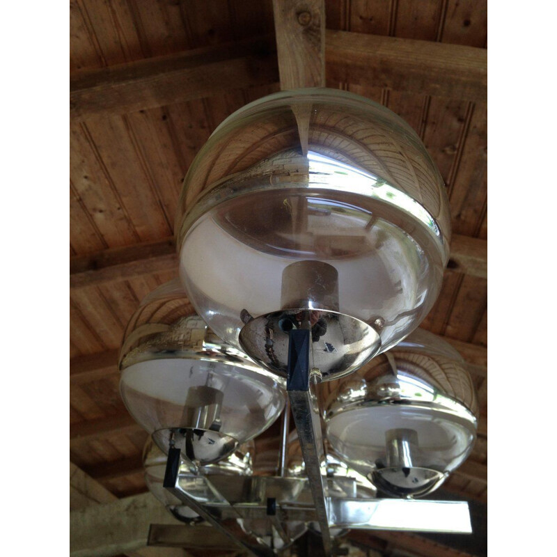 Vintage Italian chrome and glass chandelier 1970