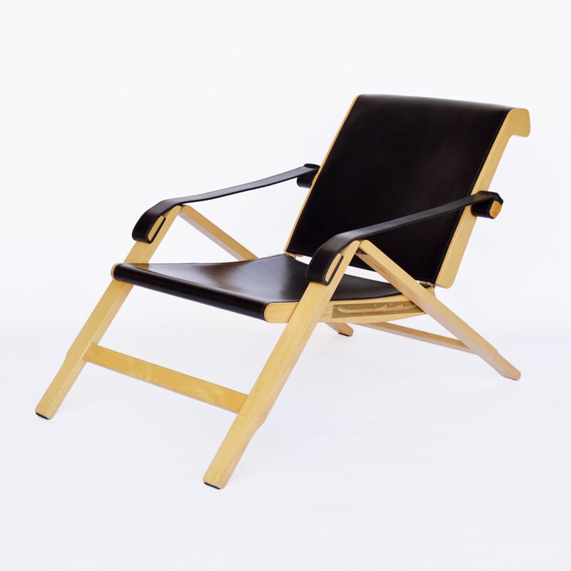 Armchair "Week End" in beech, leather and brass, Marco ZANUSO - 1994