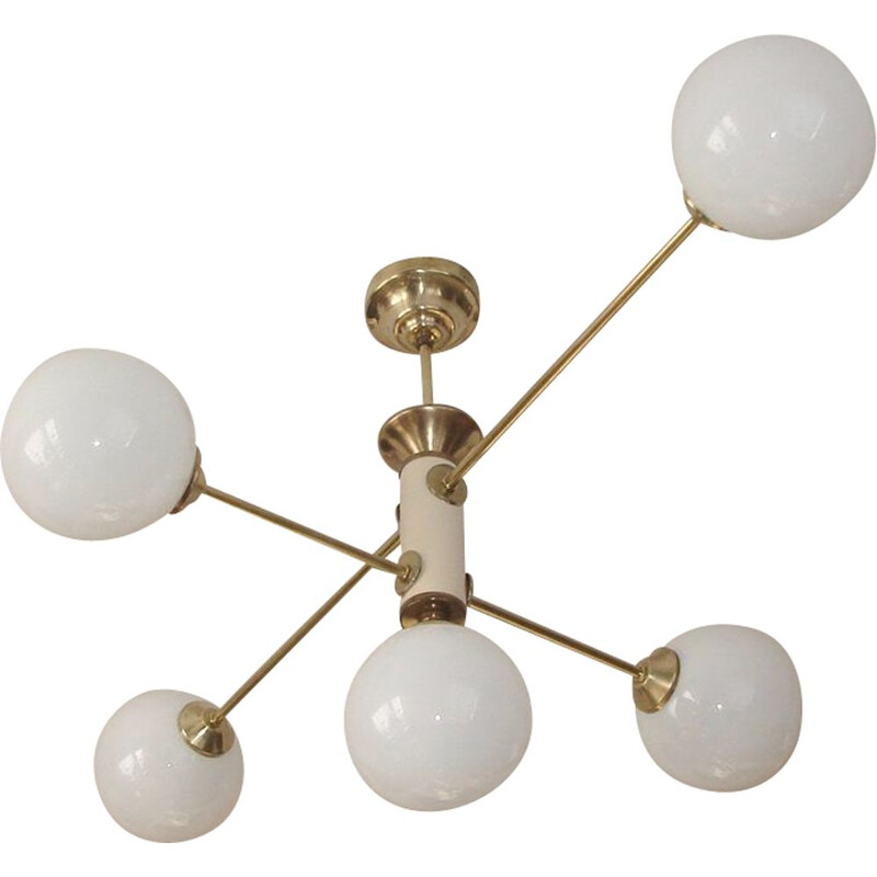 Vintage brass, metal and glass chandelier by Żyrandol Modern, 1960s