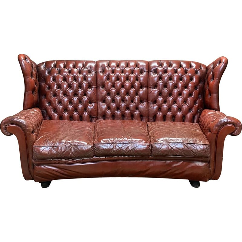 Chesterfield Sofa 3-seater vintage red leather Chesterfield sofa, 1970 