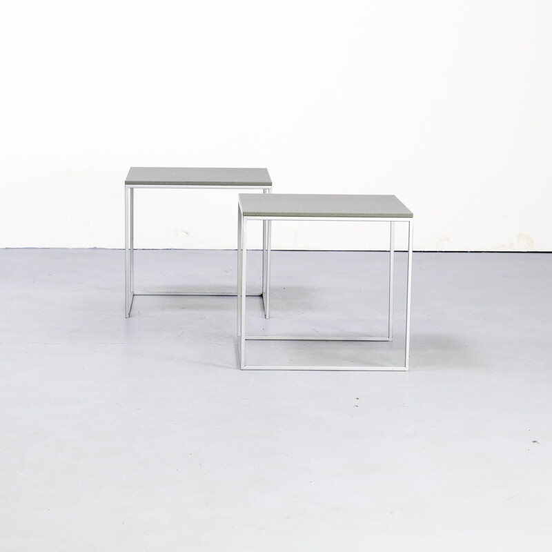 Set of 2 square aluminium framed vintage side tables
