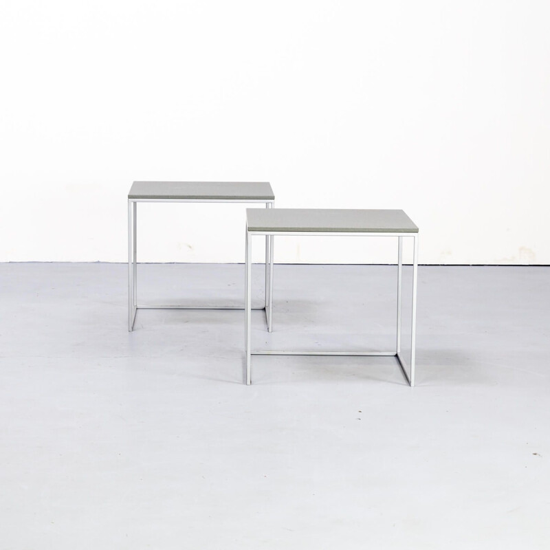 Set of 2 square aluminium framed vintage side tables