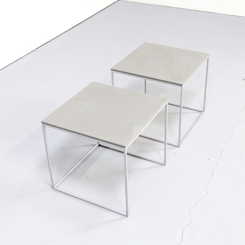 Set of 2 square aluminium framed vintage side tables