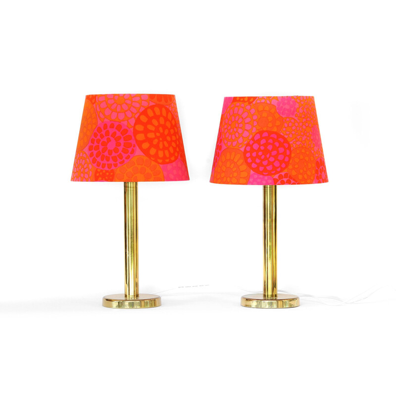 Pair of vintage brass table lamps with custom shades, 1960