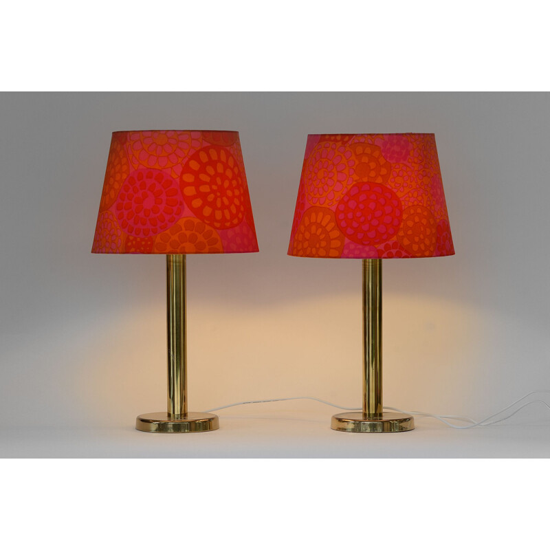 Pair of vintage brass table lamps with custom shades, 1960