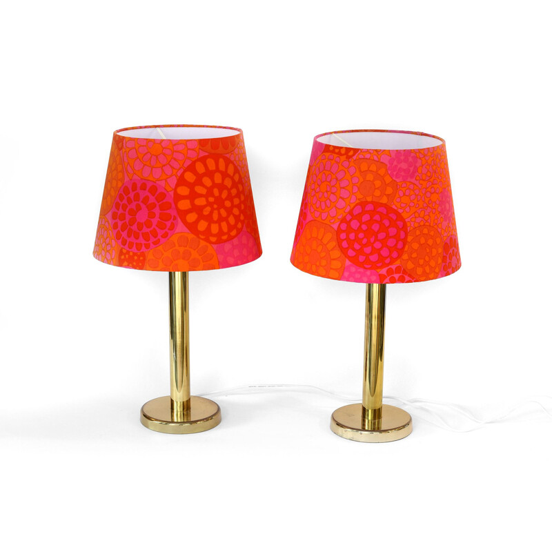 Pair of vintage brass table lamps with custom shades, 1960