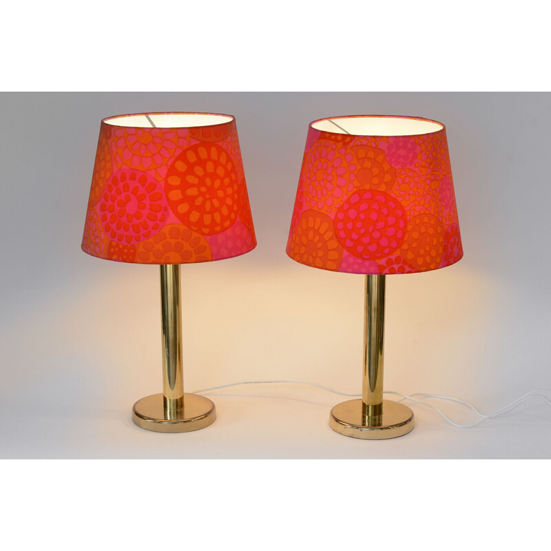 Pair of vintage brass table lamps with custom shades, 1960