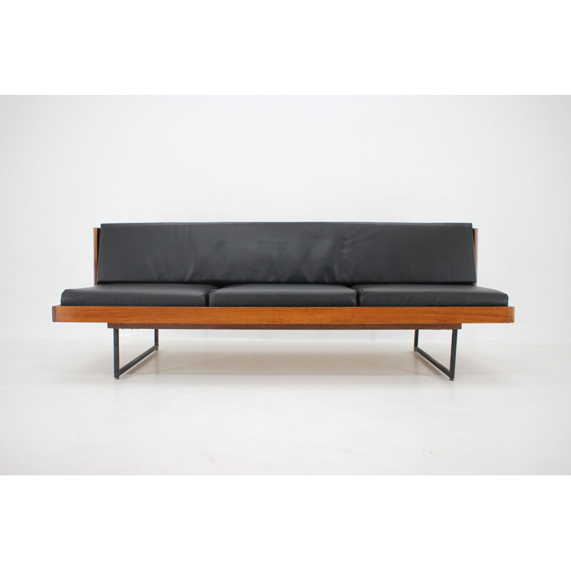 Vintage minimalist sofa or daybed in black leatherette ,Czechoslovakia, 1970s 