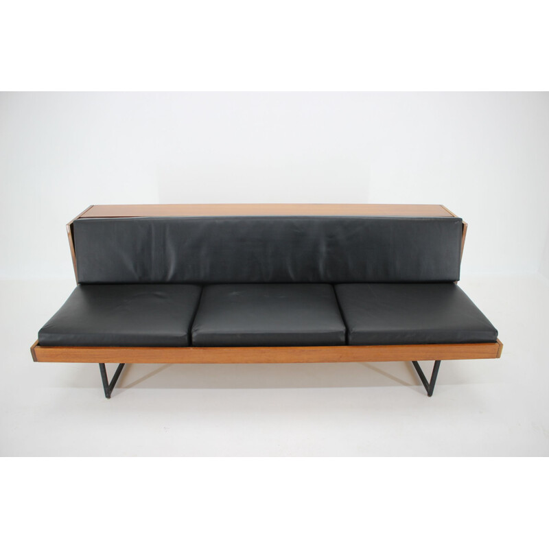 Vintage minimalist sofa or daybed in black leatherette ,Czechoslovakia, 1970s 