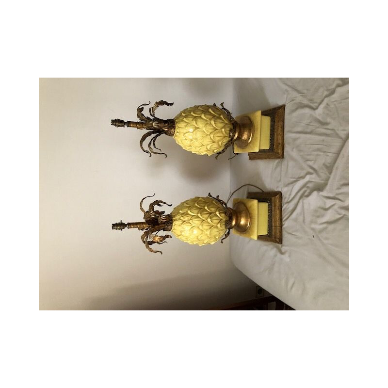 Pair of vintage pineapple lamps in yellow cracked ceramic 1960s 