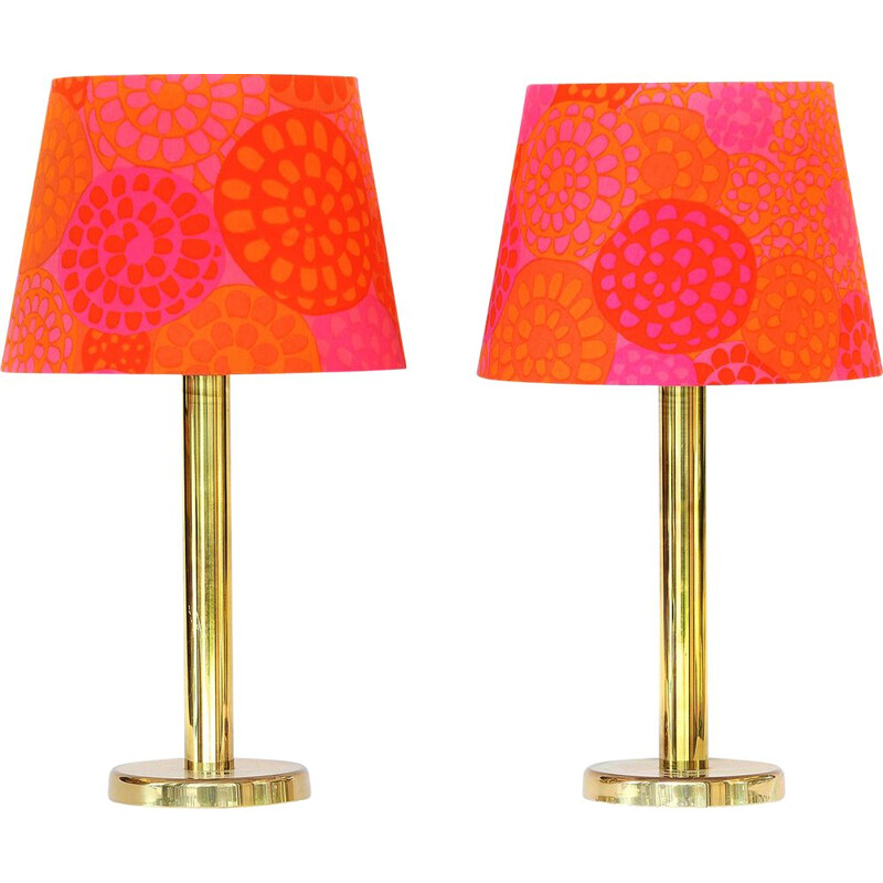 Pair of vintage brass table lamps with custom shades, 1960