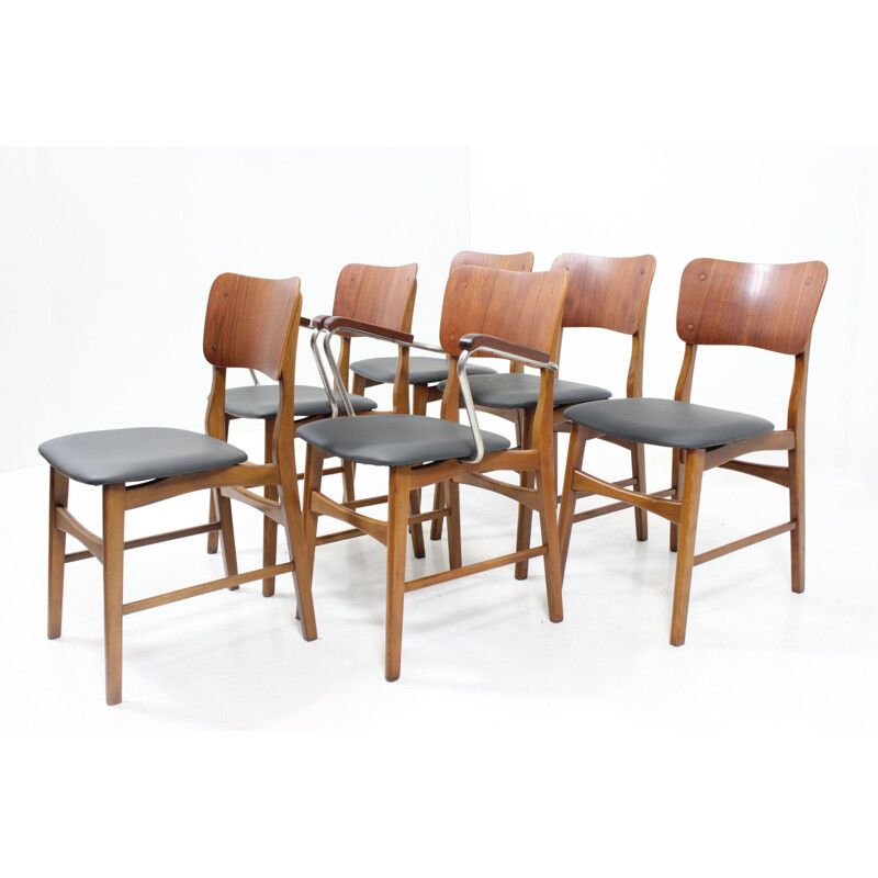 Set of 6 teak, beech and leather chairs, Ib KOFOD-LARSEN - 1950s