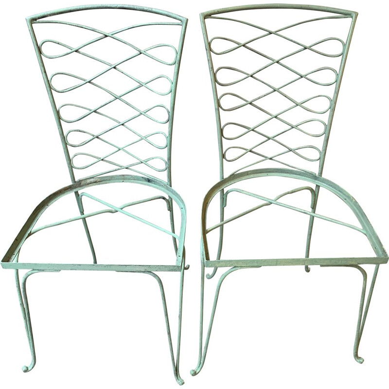 Paire de chaises vintage en métal laqué vert par René Prou