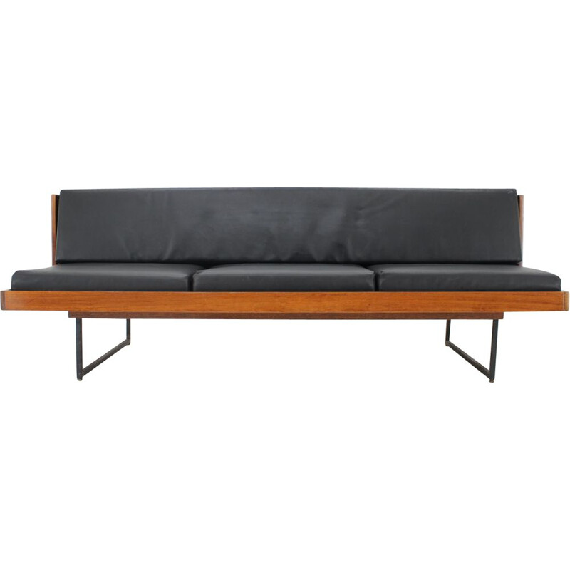 Vintage minimalist sofa or daybed in black leatherette ,Czechoslovakia, 1970s 