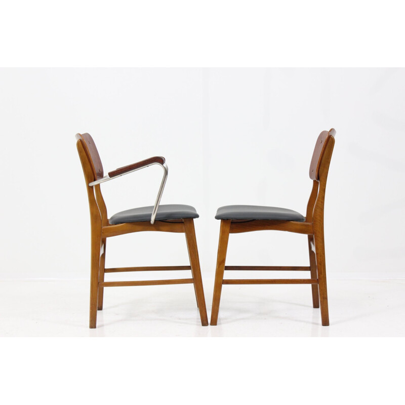 Set of 6 teak, beech and leather chairs, Ib KOFOD-LARSEN - 1950s